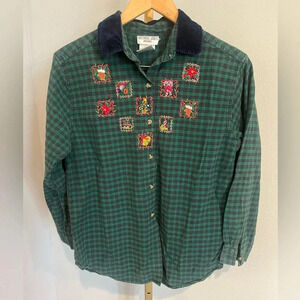 Vtg Christmas Victoria Jones Top Green Plaid Button Up Embroidered‎ Petite Large